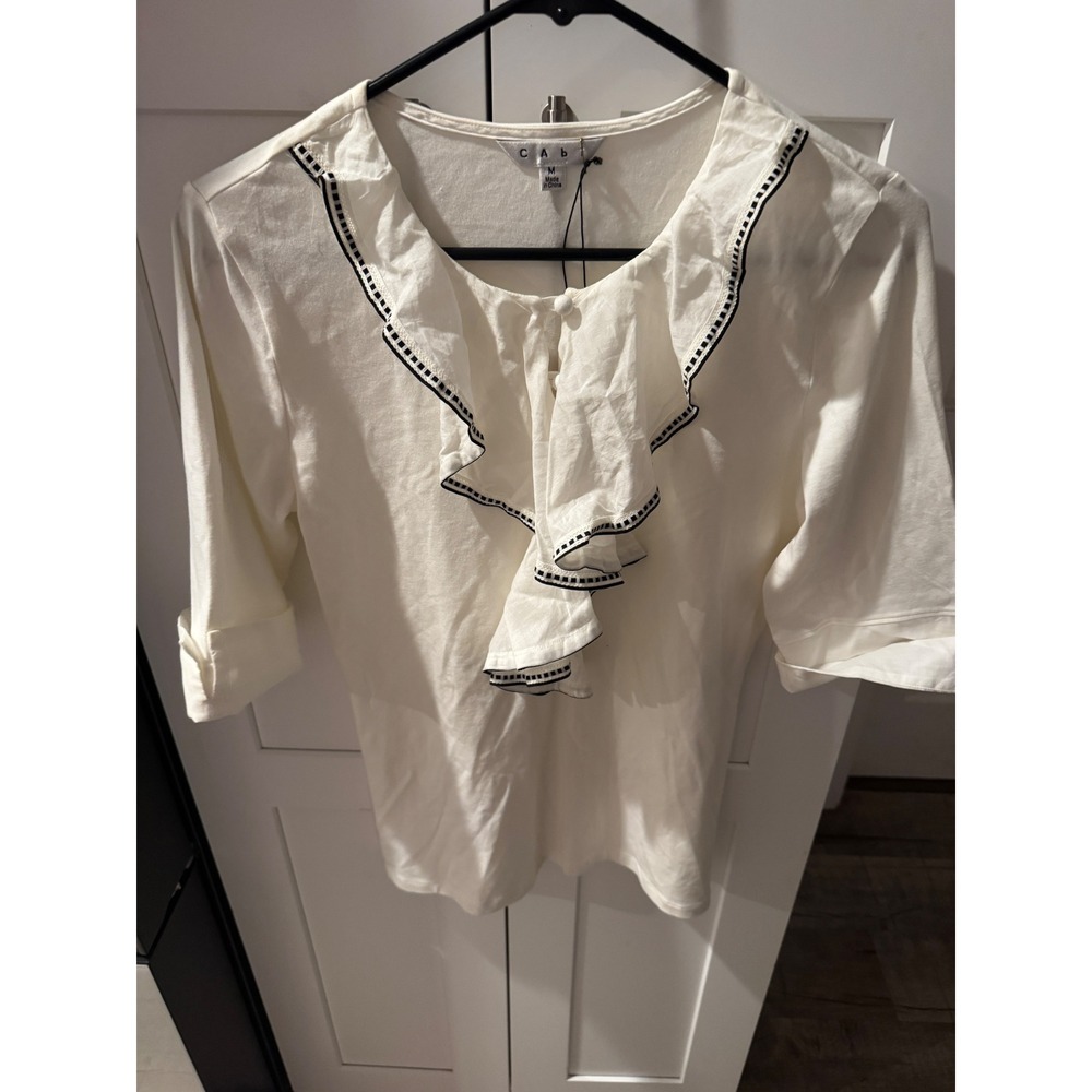 Cabi White Ruffle Front Blouse Black Trim Elbow Sleeve Knit Top Size M